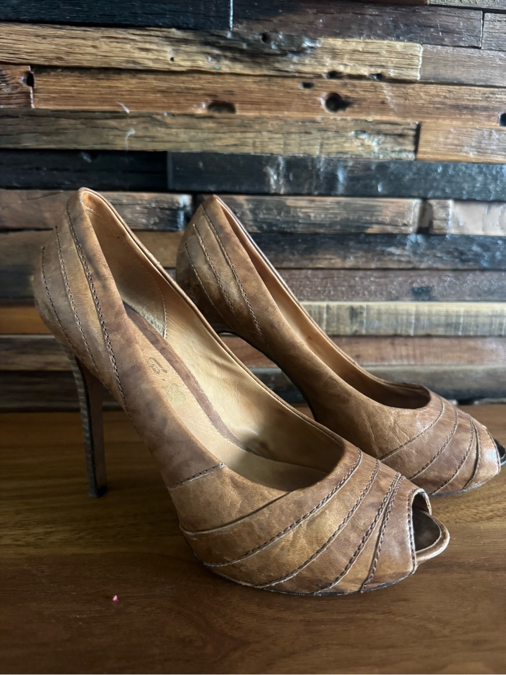 L.A.M.B. Brown Leather Peep-Toe Stiletto Heels